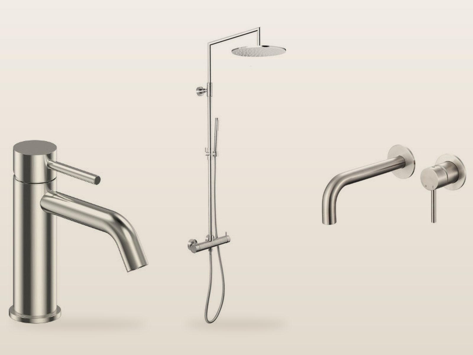 Miscelatore lavabo, colonna doccia e miscelatore a muro in acciaio inox 316L