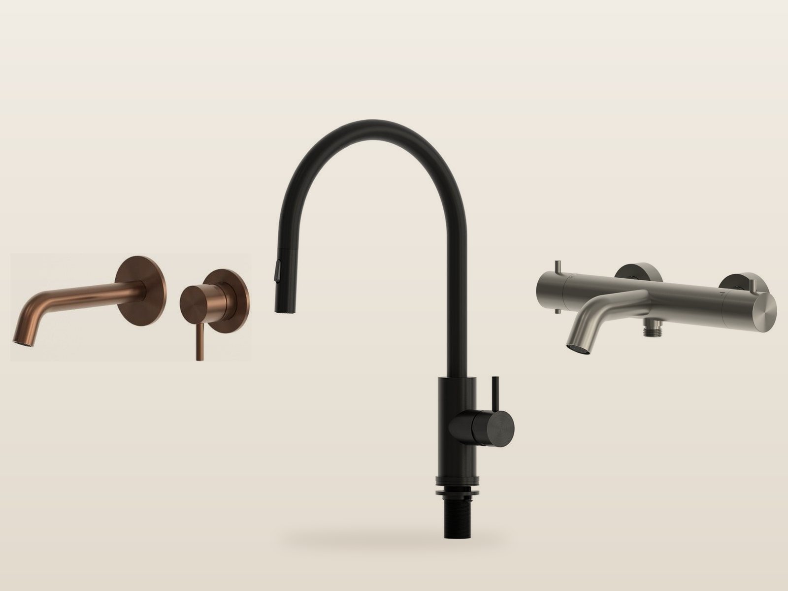 Rubinetteria Levante in finitura oro rosa, nero opaco e inox
