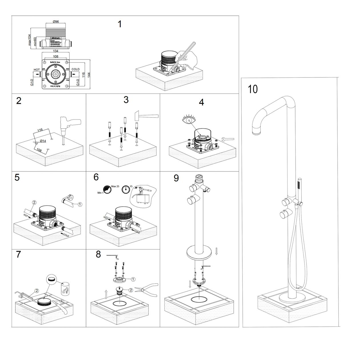 Doccia Monocolo con temporizzatore inox satinato – schema di montaggio