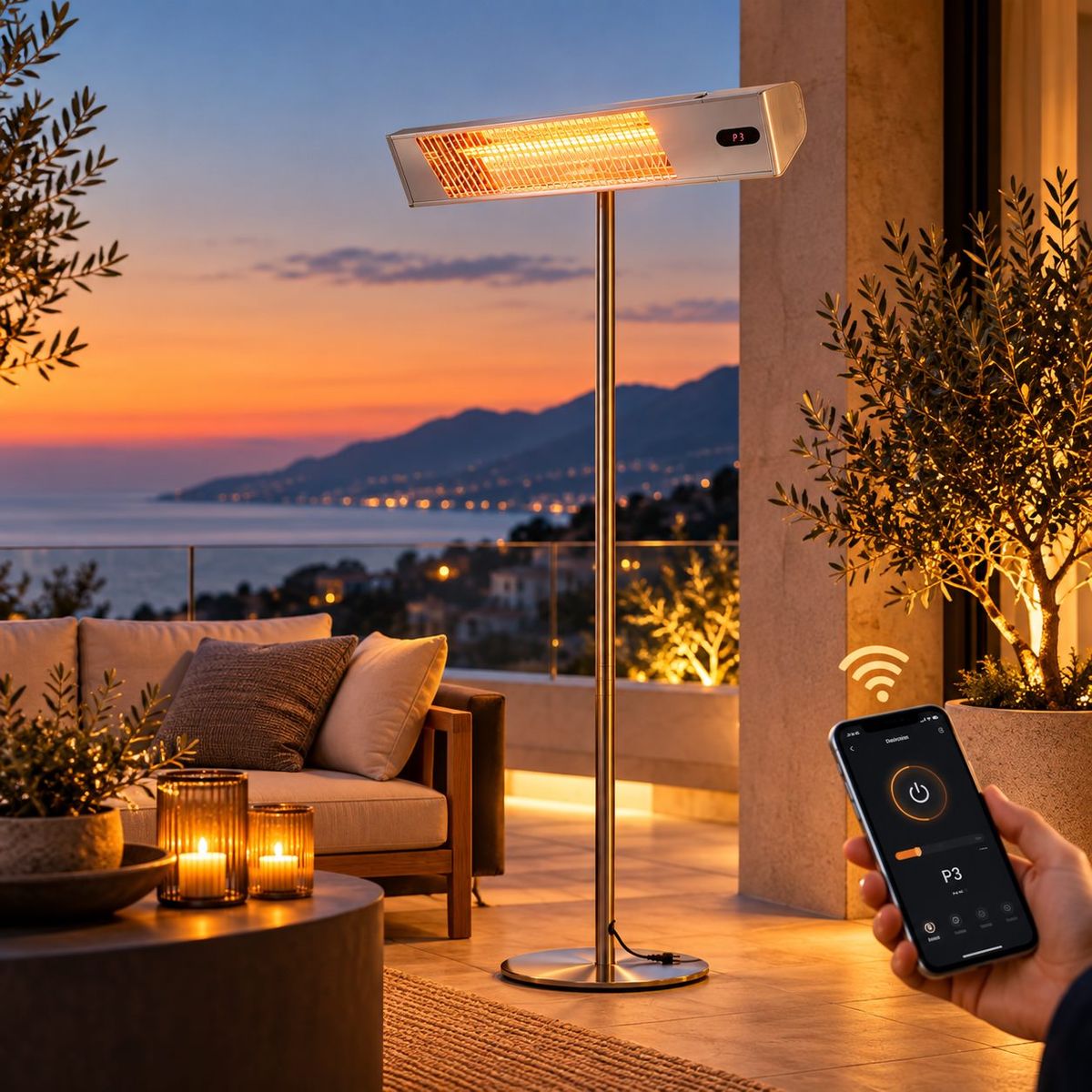 Stufa a infrarossi con palo Caldo IR-A 2000 W Wi-Fi inox / alluminio – foto ambientata