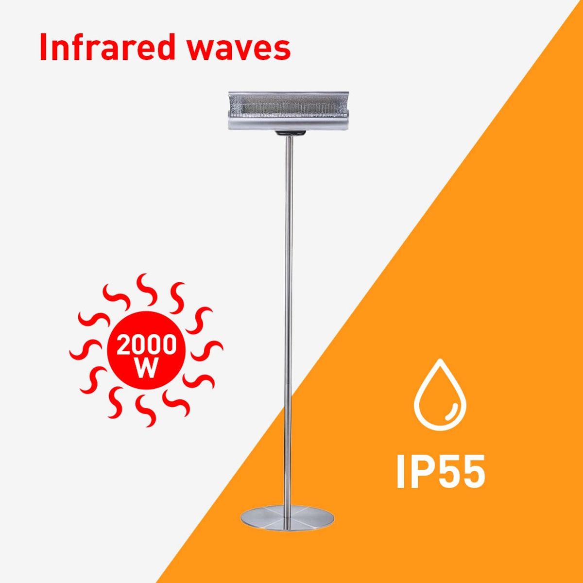 Stufa a infrarossi da terra 2000 W inox / alluminio – foto ambientata