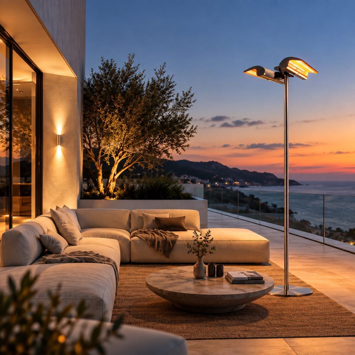 Doppia stufa a infrarossi da terra 4000 W inox / alluminio – foto ambientata